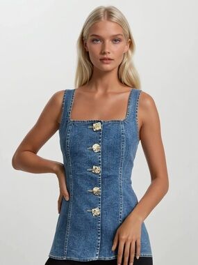 Square Neck Denim Vest with Ornate Gold Buttons. Dark Blue. S, M & L